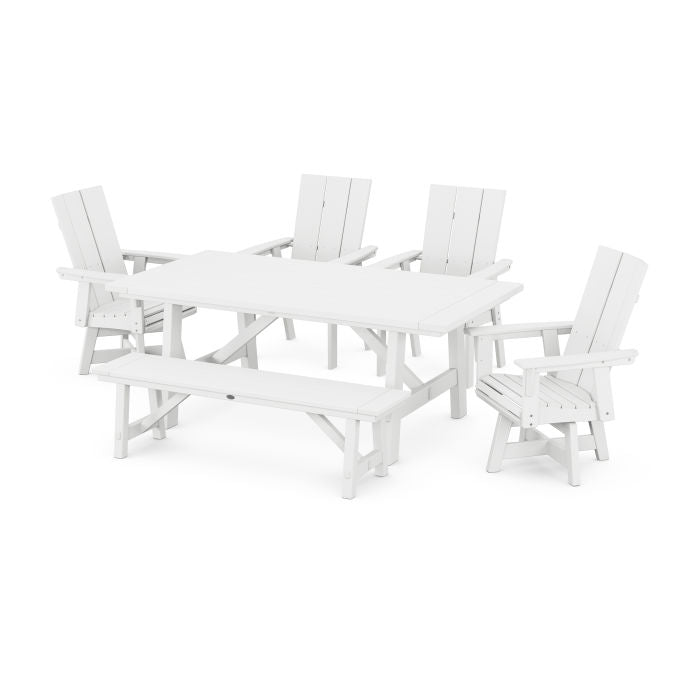 Modern Curveback Adirondack Swivel Chair 6-Piece Rustic Farmhouse Dining Set with Bench
