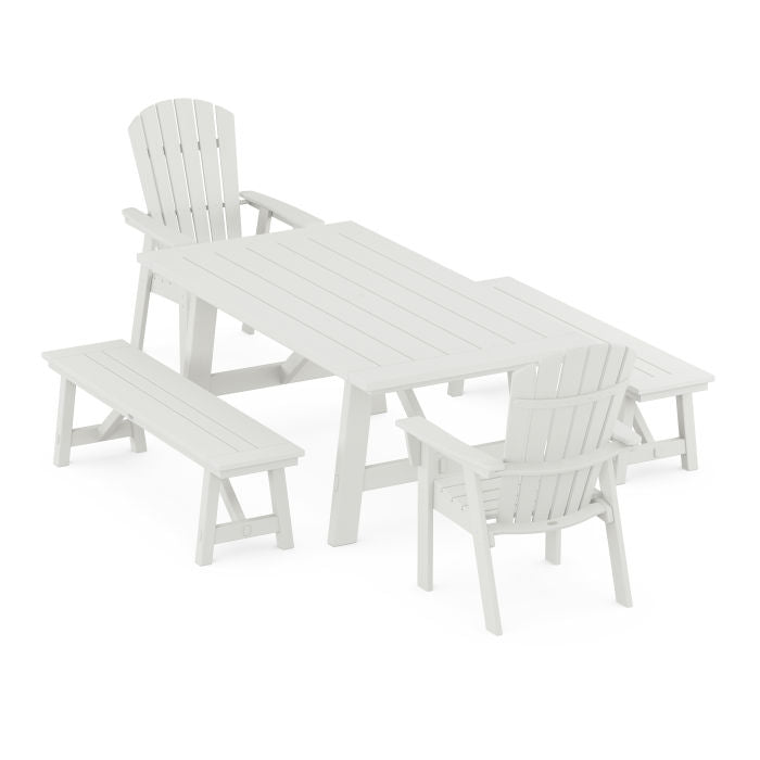 Nautical Curveback Adirondack 5-Piece Rustic Farmhouse Dining Set With Benches in Vintage Finish