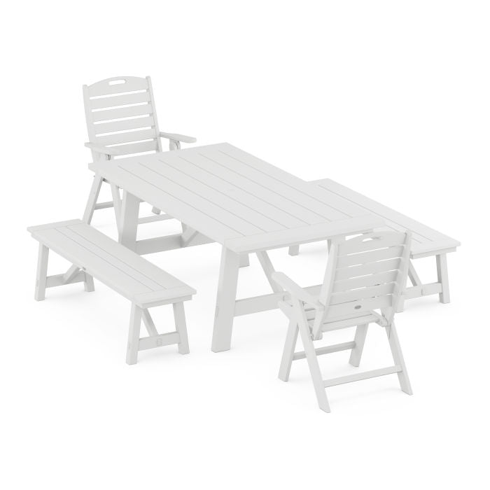 Nautical Folding Highback Chair 5-Piece Rustic Farmhouse Dining Set With Benches