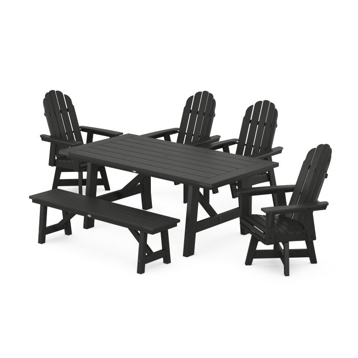 Vineyard Curveback Adirondack Swivel Chair 6-Piece Rustic Farmhouse Dining Set With Bench