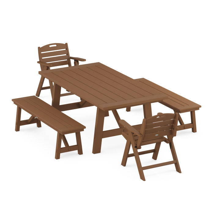 Nautical Folding Lowback Chair 5-Piece Rustic Farmhouse Dining Set With Benches