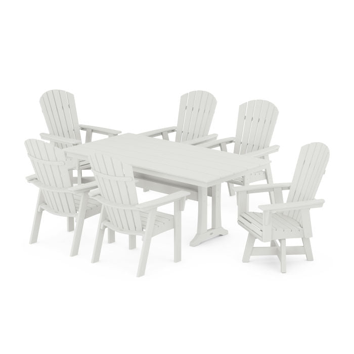 Nautical Curveback Adirondack Swivel Chair 7-Piece Farmhouse Dining Set With Trestle Legs in Vintage Finish