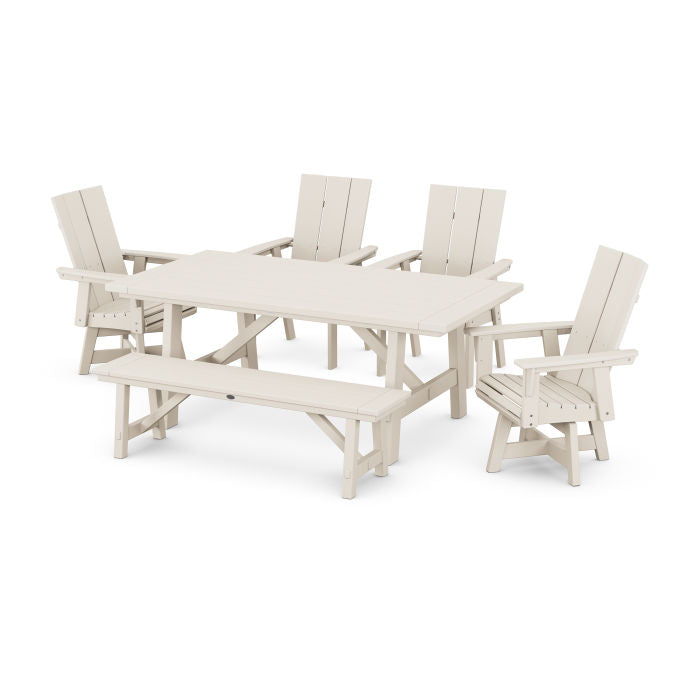 Modern Curveback Adirondack Swivel Chair 6-Piece Rustic Farmhouse Dining Set with Bench