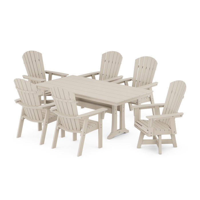 Nautical Curveback Adirondack Swivel Chair 7-Piece Farmhouse Dining Set With Trestle Legs