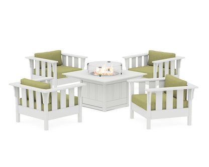 Martha Stewart by POLYWOOD® Acadia 5-Piece Deep Seating Set with Fire Pit Table in White / Chartreuse Boucle