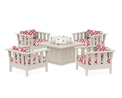 Martha Stewart by POLYWOOD® Acadia 5-Piece Deep Seating Set with Fire Pit Table in Sand / Trellis Crimson