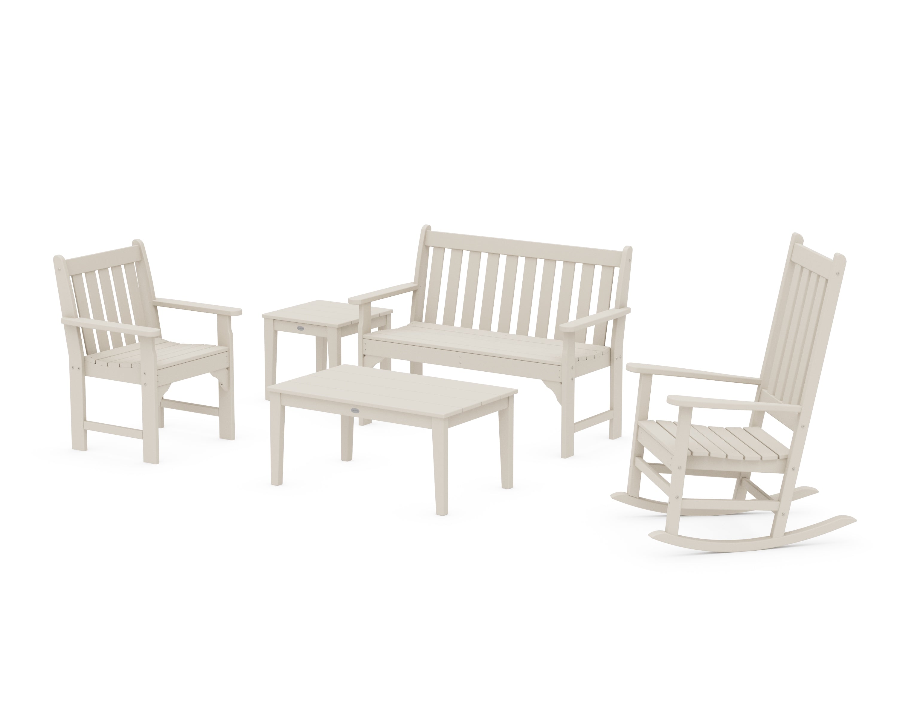 POLYWOOD® Vineyard 5-Piece Bench & Rocking Chair Set in Sand