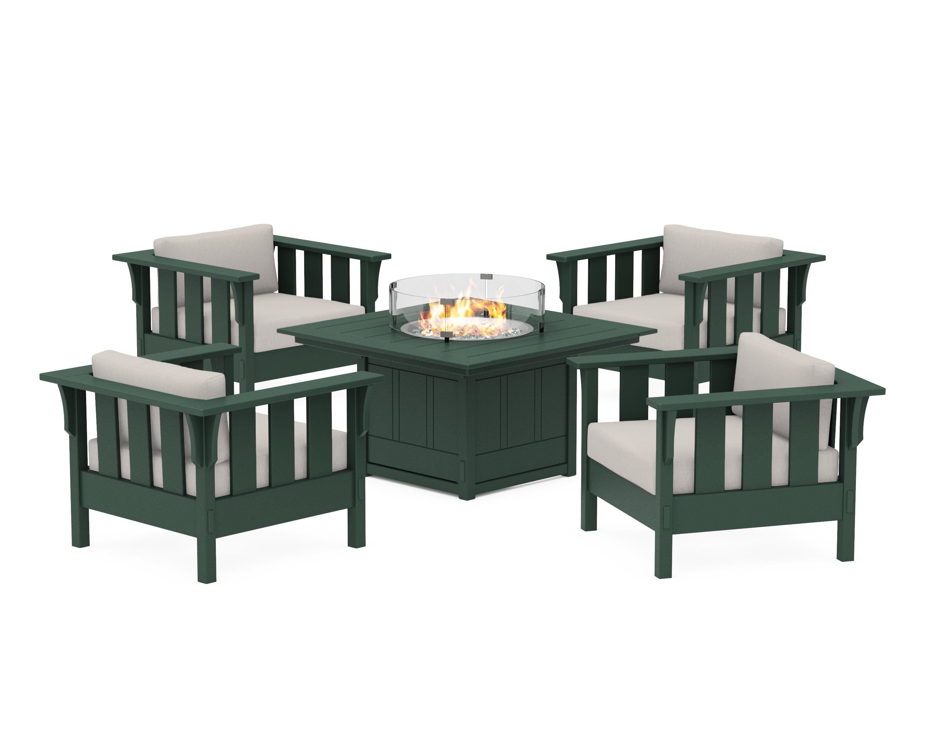Martha Stewart by POLYWOOD® Acadia 5-Piece Deep Seating Set with Fire Pit Table in Green / Cast Ash