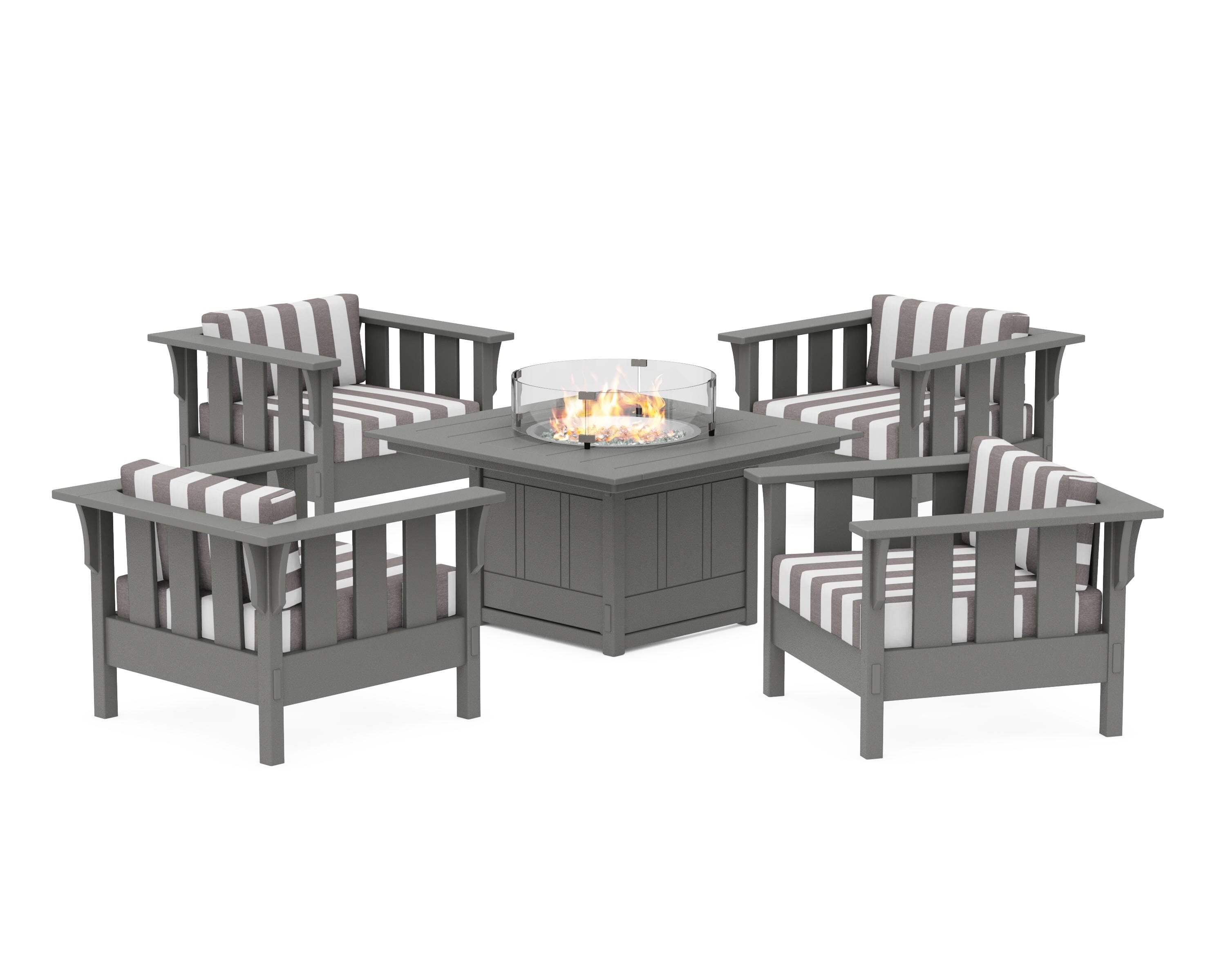 Martha Stewart by POLYWOOD® Acadia 5-Piece Deep Seating Set with Fire Pit Table in Slate Grey / Cabana Stripe Grey Mist