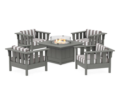 Martha Stewart by POLYWOOD® Acadia 5-Piece Deep Seating Set with Fire Pit Table in Slate Grey / Cabana Stripe Grey Mist