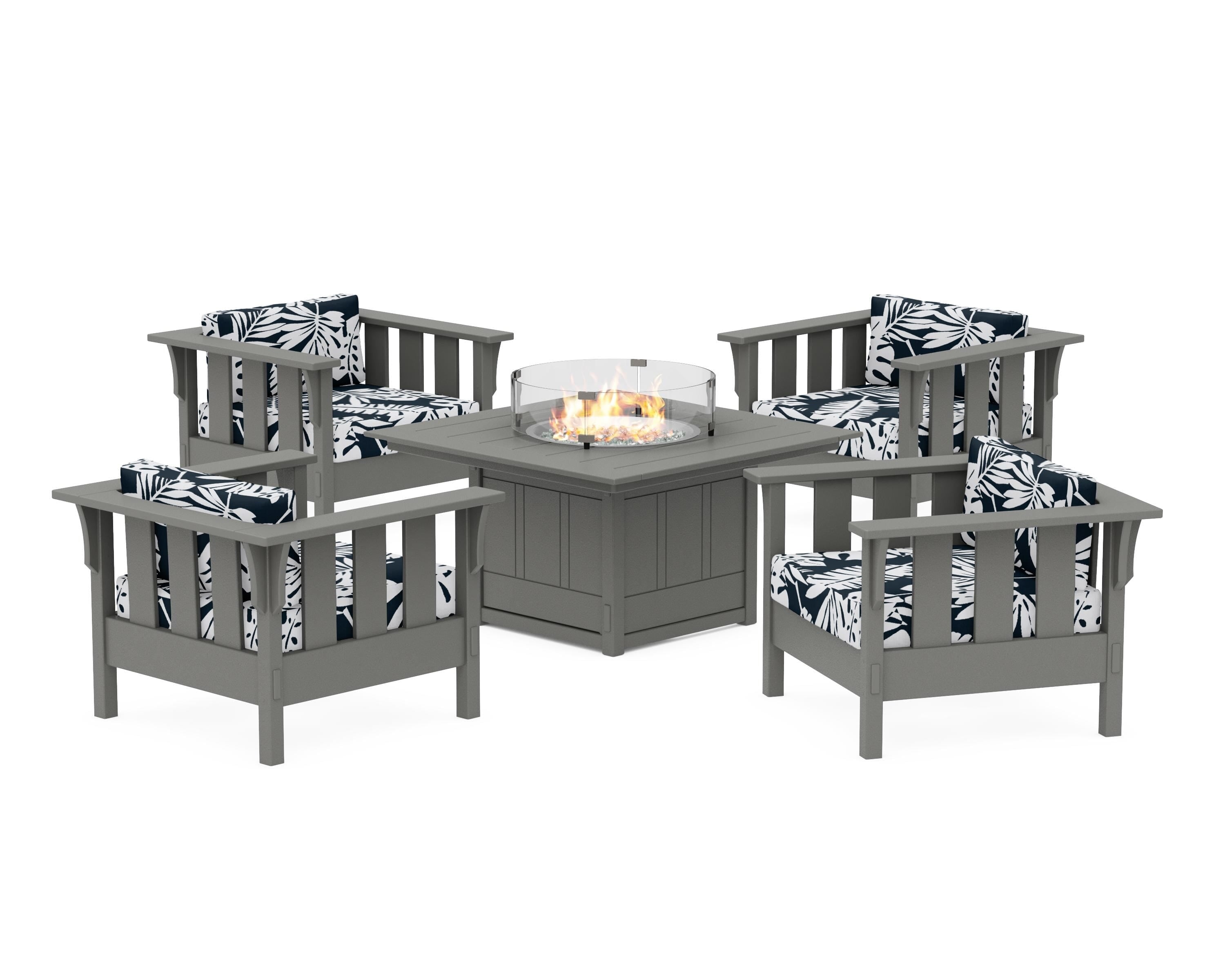 Martha Stewart by POLYWOOD® Acadia 5-Piece Deep Seating Set with Fire Pit Table in Slate Grey / Leaf Marine Indigo