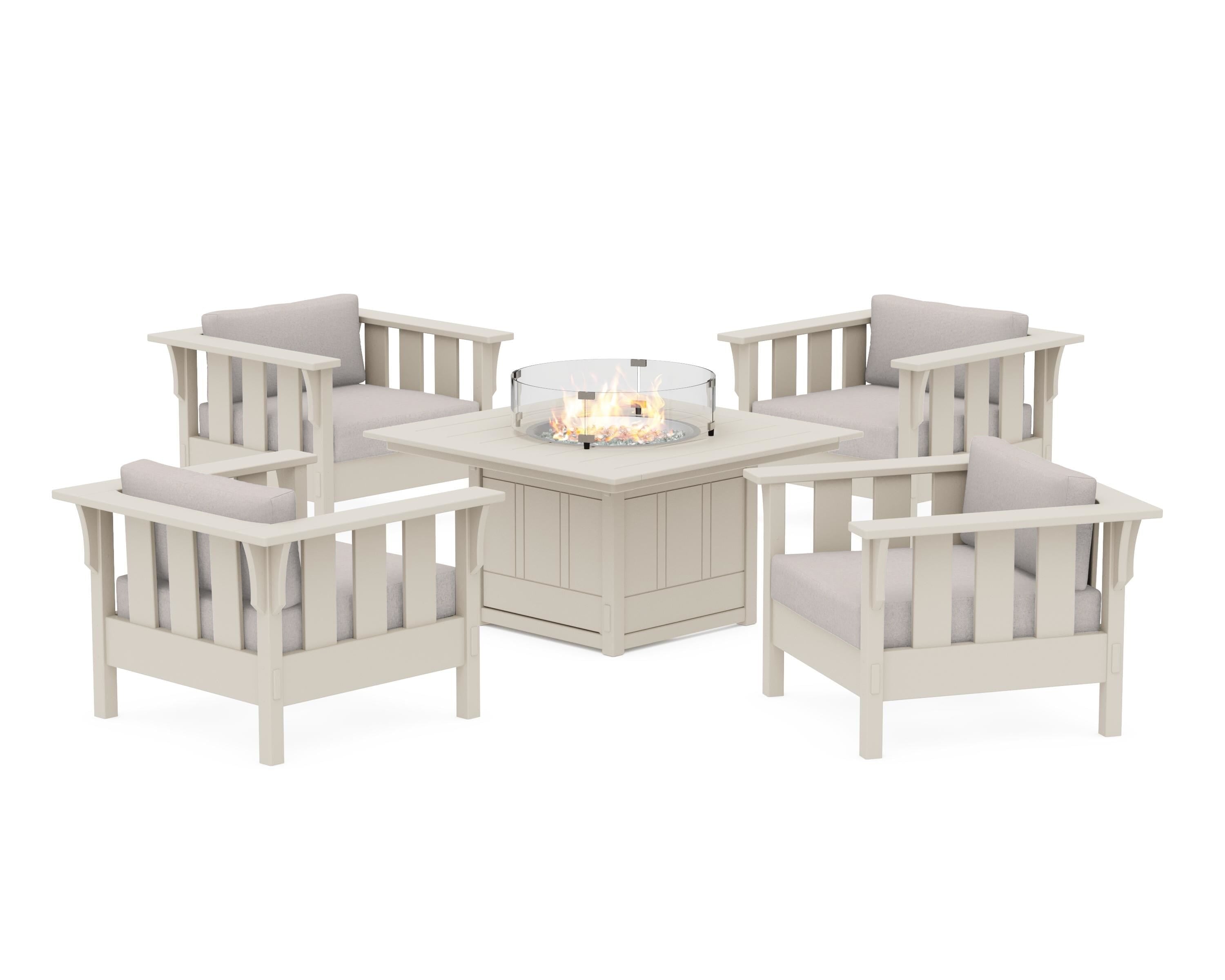 Martha Stewart by POLYWOOD® Acadia 5-Piece Deep Seating Set with Fire Pit Table in Sand / Dune Burlap