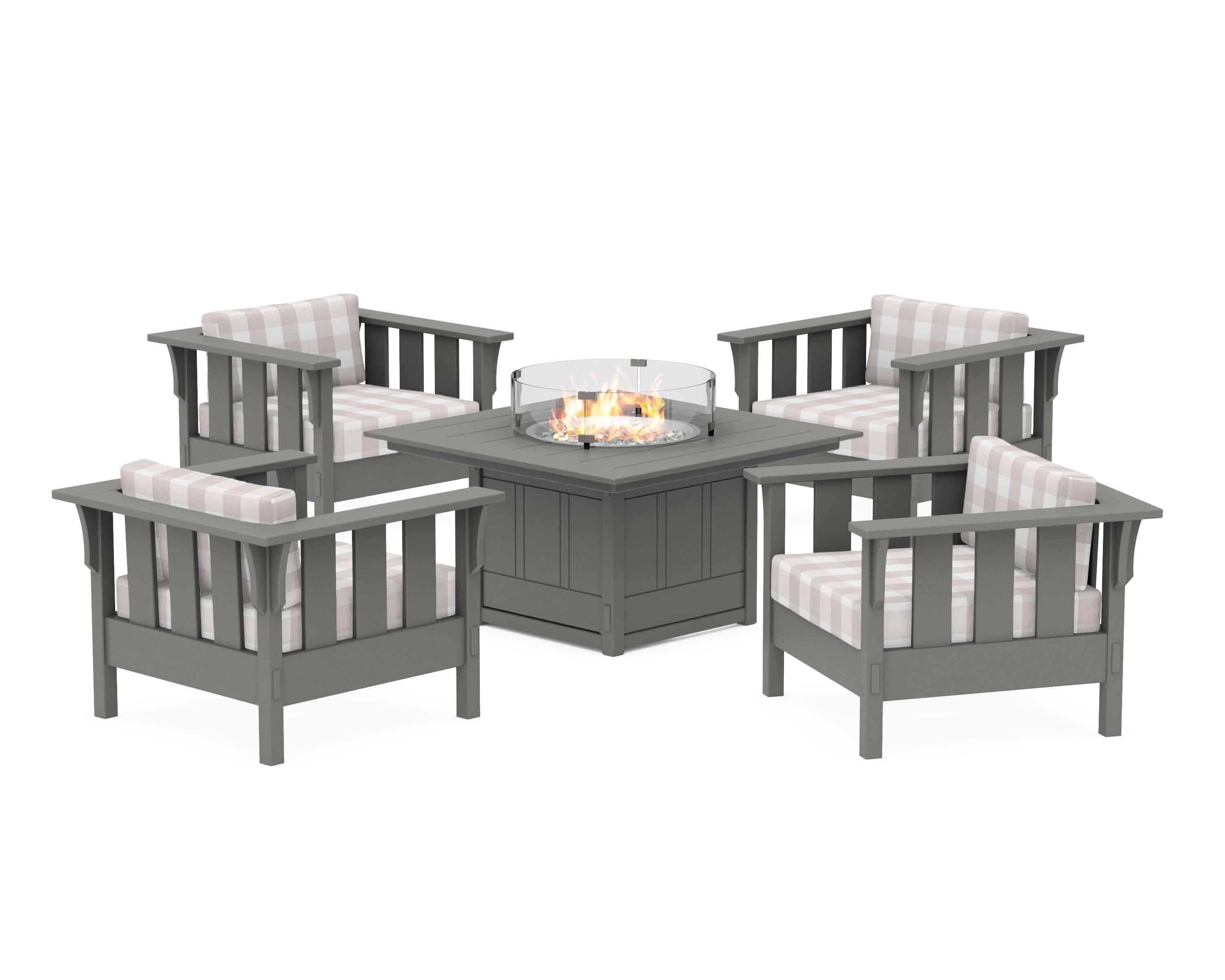 Martha Stewart by POLYWOOD® Acadia 5-Piece Deep Seating Set with Fire Pit Table in Slate Grey / Buffalo Plaid Dune Burlap