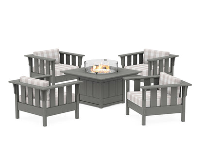 Martha Stewart by POLYWOOD® Acadia 5-Piece Deep Seating Set with Fire Pit Table in Slate Grey / Buffalo Plaid Dune Burlap