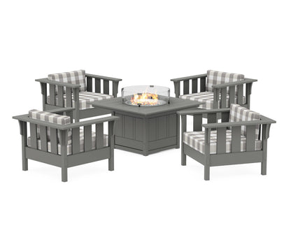 Martha Stewart by POLYWOOD® Acadia 5-Piece Deep Seating Set with Fire Pit Table in Slate Grey / Buffalo Plaid Grey Mist