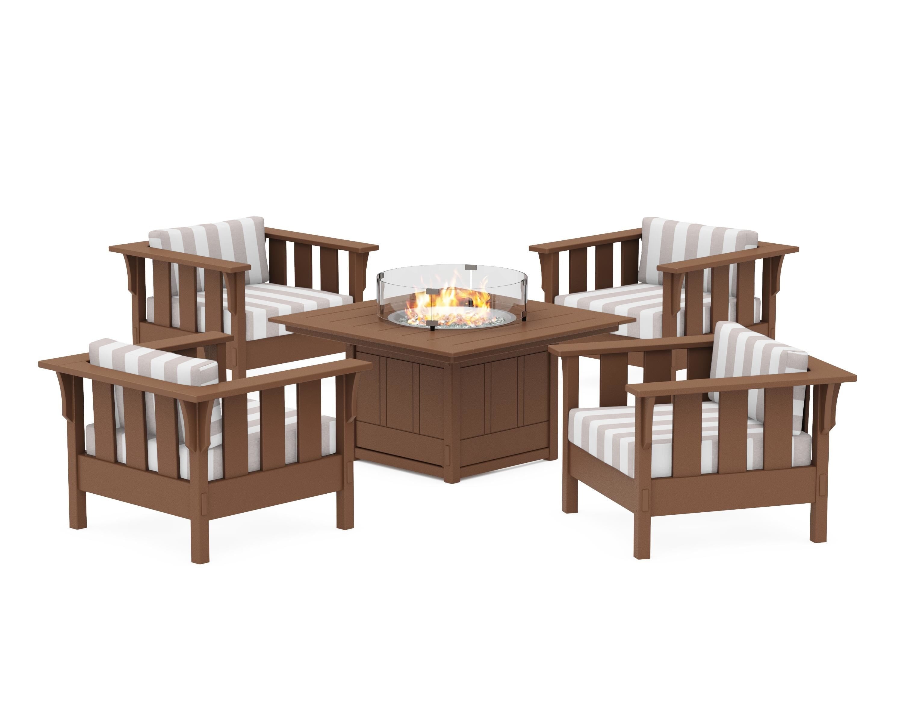 Martha Stewart by POLYWOOD® Acadia 5-Piece Deep Seating Set with Fire Pit Table in Teak / Cabana Stripe Dune Burlap