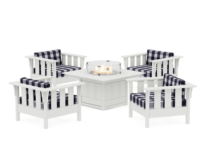Martha Stewart by POLYWOOD® Acadia 5-Piece Deep Seating Set with Fire Pit Table in White / Buffalo Plaid Navy