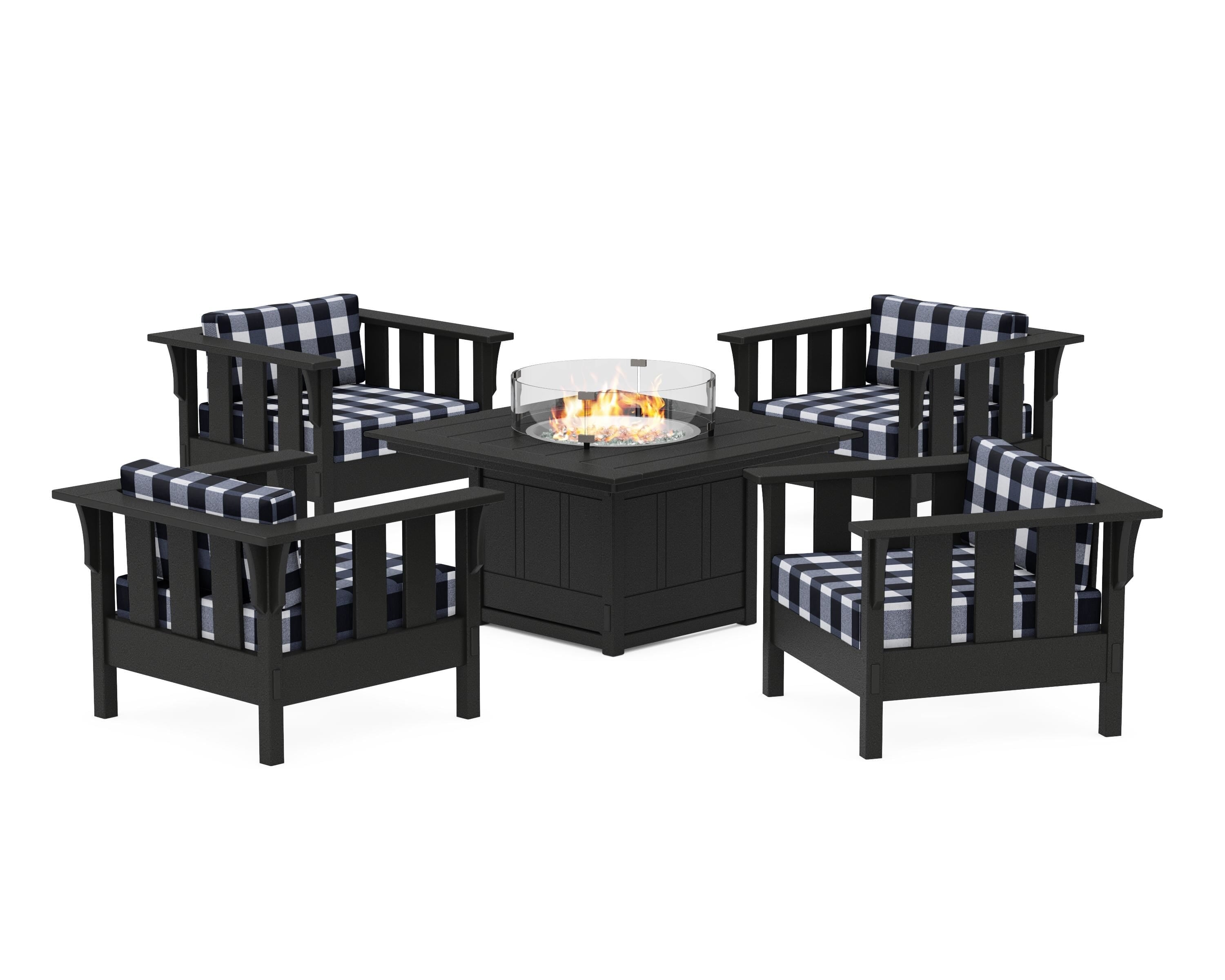Martha Stewart by POLYWOOD® Acadia 5-Piece Deep Seating Set with Fire Pit Table in Black / Buffalo Plaid Marine Indigo