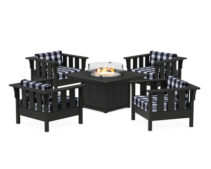 Martha Stewart by POLYWOOD® Acadia 5-Piece Deep Seating Set with Fire Pit Table in Black / Buffalo Plaid Marine Indigo