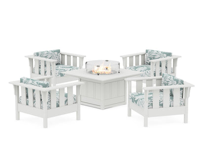 Martha Stewart by POLYWOOD® Acadia 5-Piece Deep Seating Set with Fire Pit Table in White / Leaf Glacier Spa