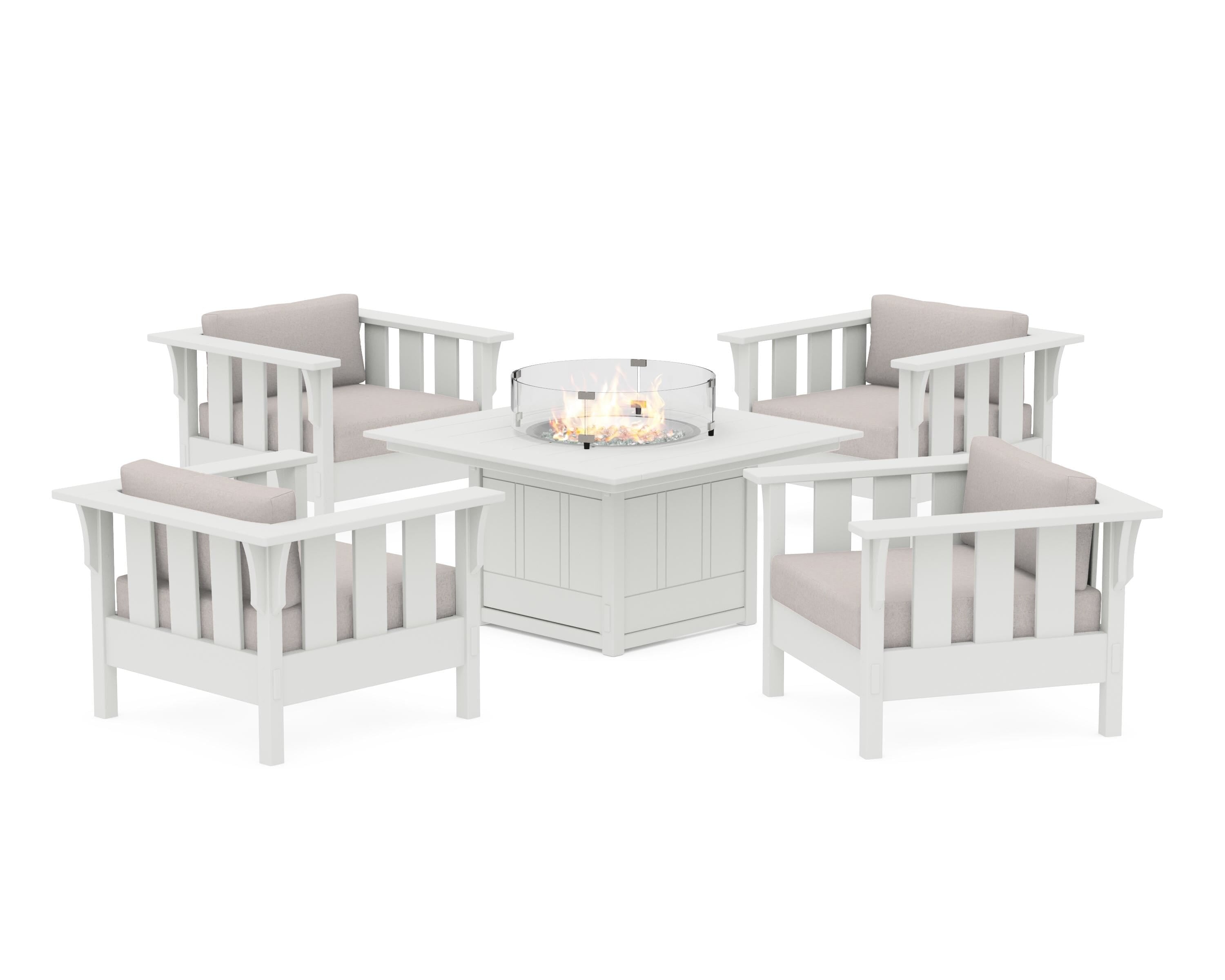 Martha Stewart by POLYWOOD® Acadia 5-Piece Deep Seating Set with Fire Pit Table in White / Dune Burlap