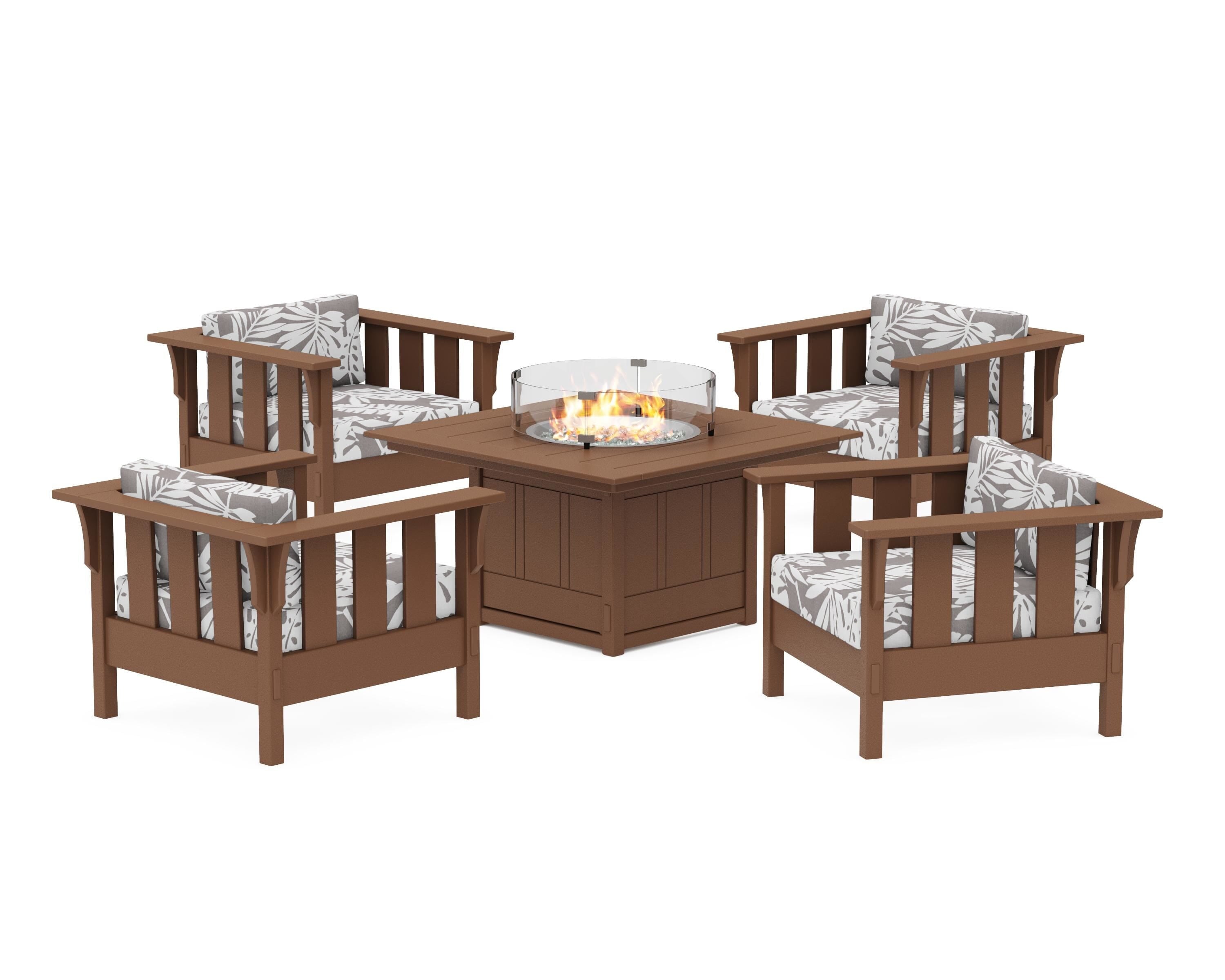 Martha Stewart by POLYWOOD® Acadia 5-Piece Deep Seating Set with Fire Pit Table in Teak / Leaf Grey Mist