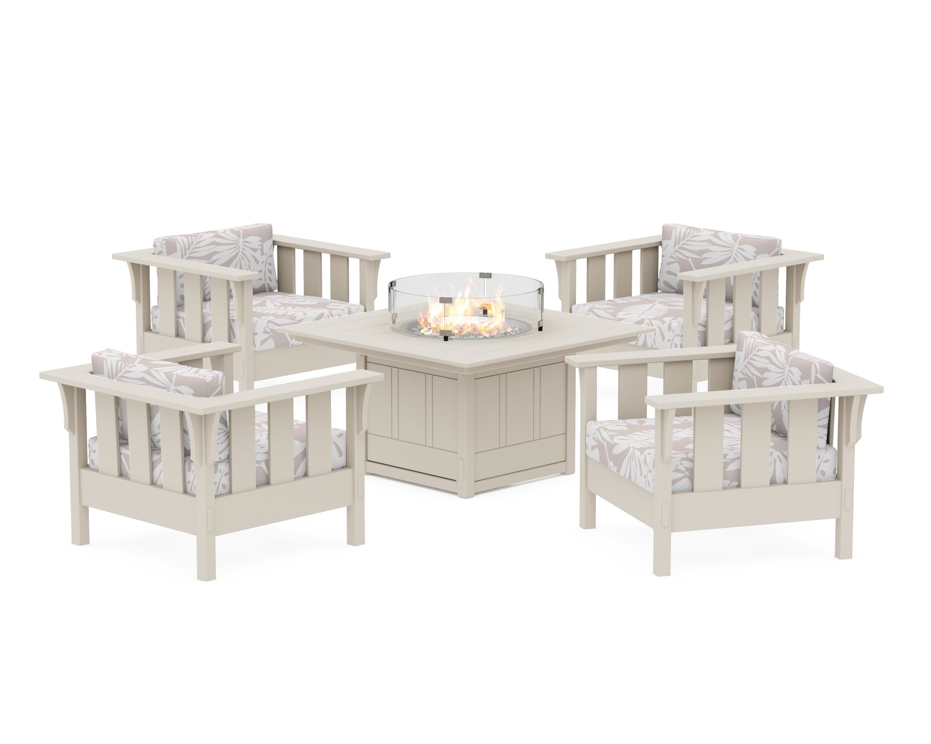 Martha Stewart by POLYWOOD® Acadia 5-Piece Deep Seating Set with Fire Pit Table in Sand / Leaf Dune Burlap