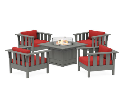 Martha Stewart by POLYWOOD® Acadia 5-Piece Deep Seating Set with Fire Pit Table in Slate Grey / Crimson Linen