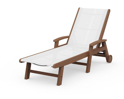 POLYWOOD® Coastal Chaise with Wheels in Teak / White Sling