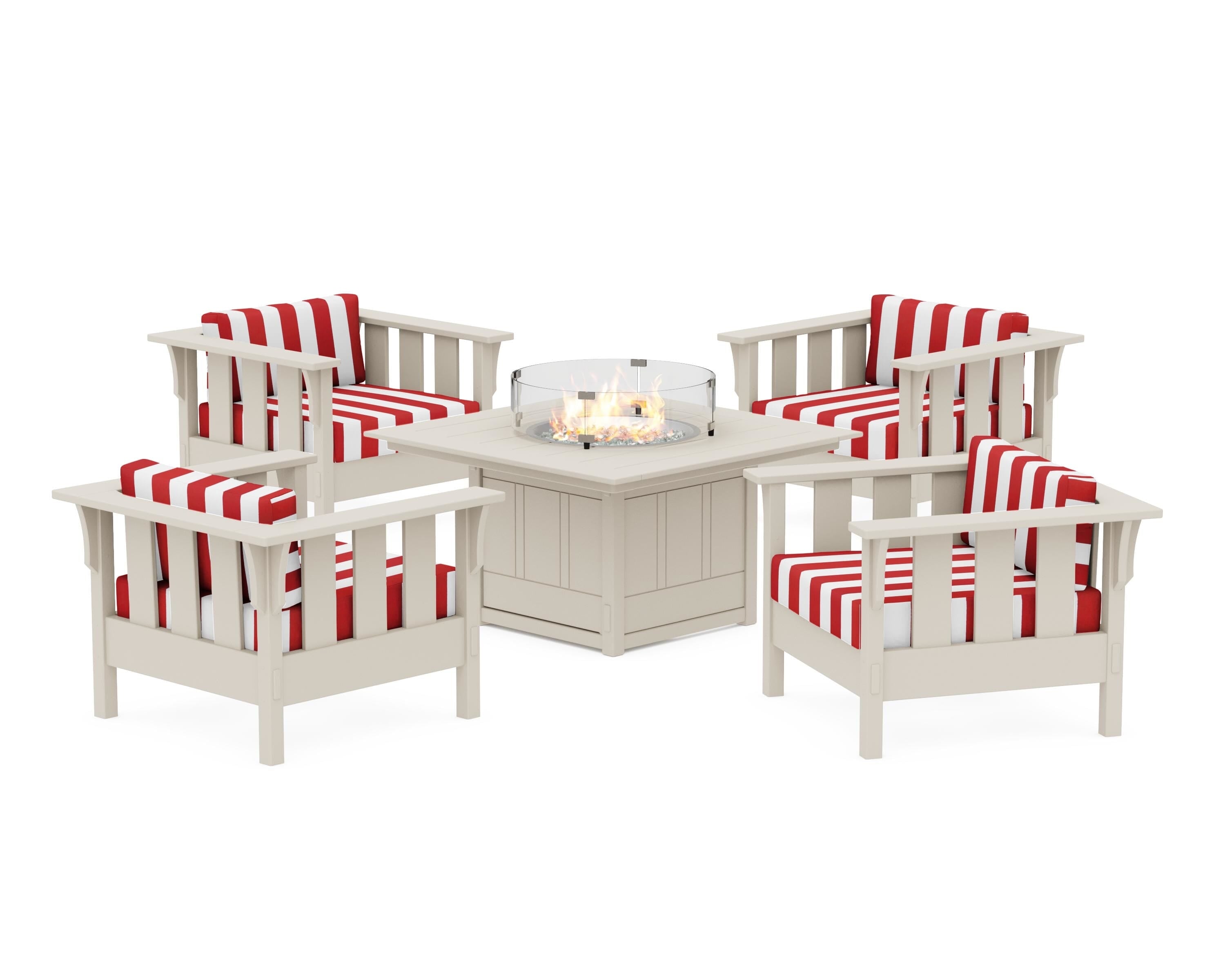 Martha Stewart by POLYWOOD® Acadia 5-Piece Deep Seating Set with Fire Pit Table in Sand / Cabana Stripe Crimson