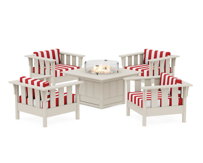 Martha Stewart by POLYWOOD® Acadia 5-Piece Deep Seating Set with Fire Pit Table in Sand / Cabana Stripe Crimson