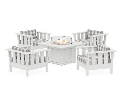 Martha Stewart by POLYWOOD® Acadia 5-Piece Deep Seating Set with Fire Pit Table in White / Buffalo Plaid Grey Mist