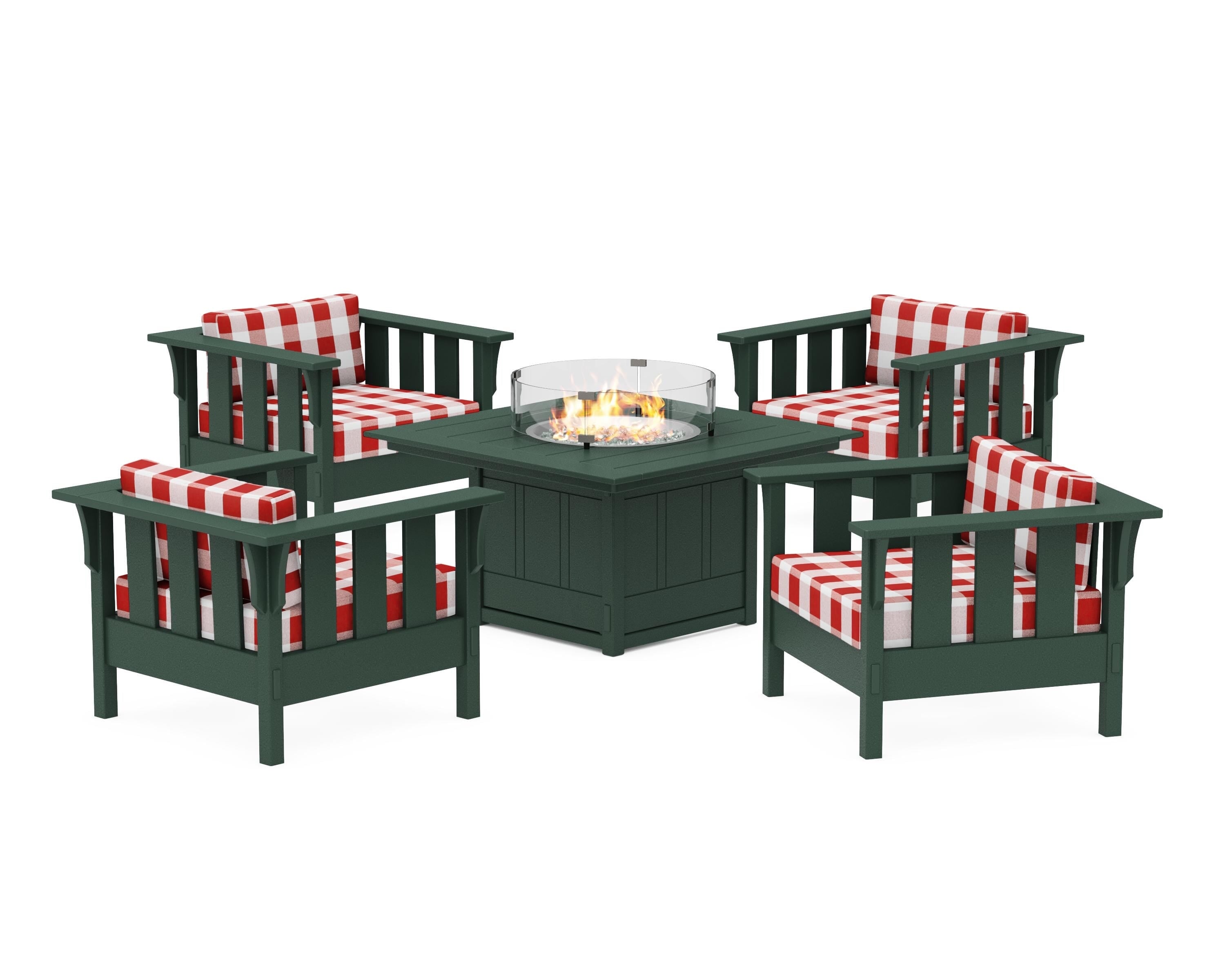 Martha Stewart by POLYWOOD® Acadia 5-Piece Deep Seating Set with Fire Pit Table in Green / Buffalo Plaid Crimson