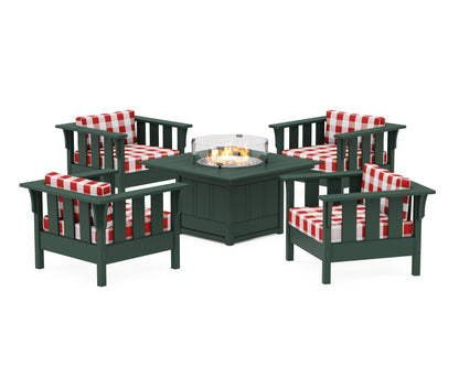 Martha Stewart by POLYWOOD® Acadia 5-Piece Deep Seating Set with Fire Pit Table in Green / Buffalo Plaid Crimson