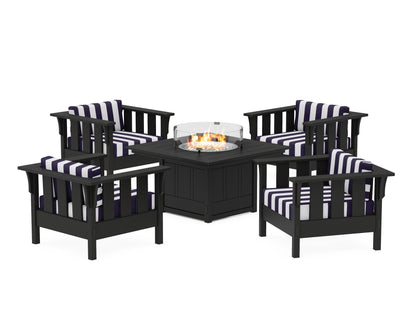 Martha Stewart by POLYWOOD® Acadia 5-Piece Deep Seating Set with Fire Pit Table in Black / Cabana Stripe Navy