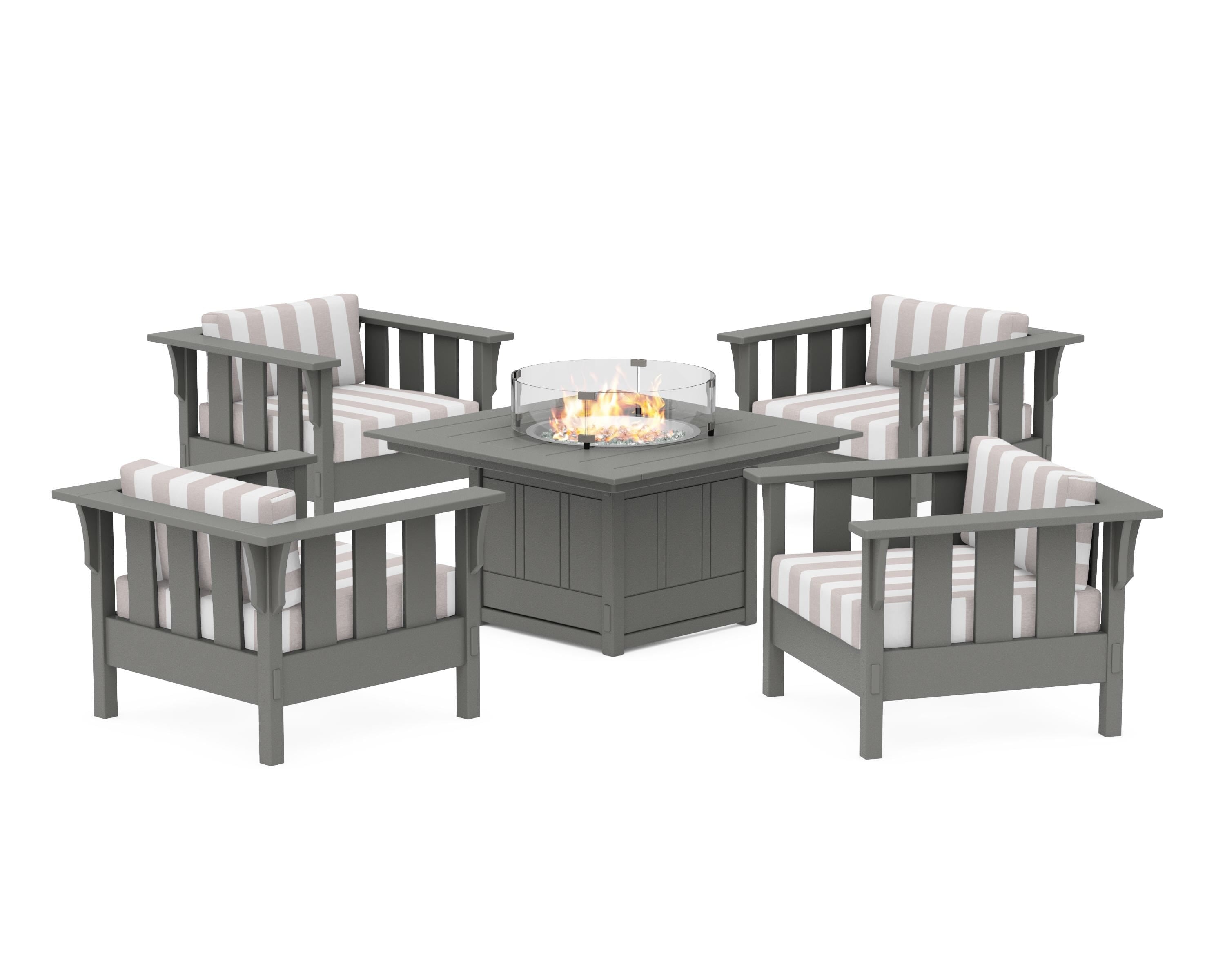 Martha Stewart by POLYWOOD® Acadia 5-Piece Deep Seating Set with Fire Pit Table in Slate Grey / Cabana Stripe Dune Burlap