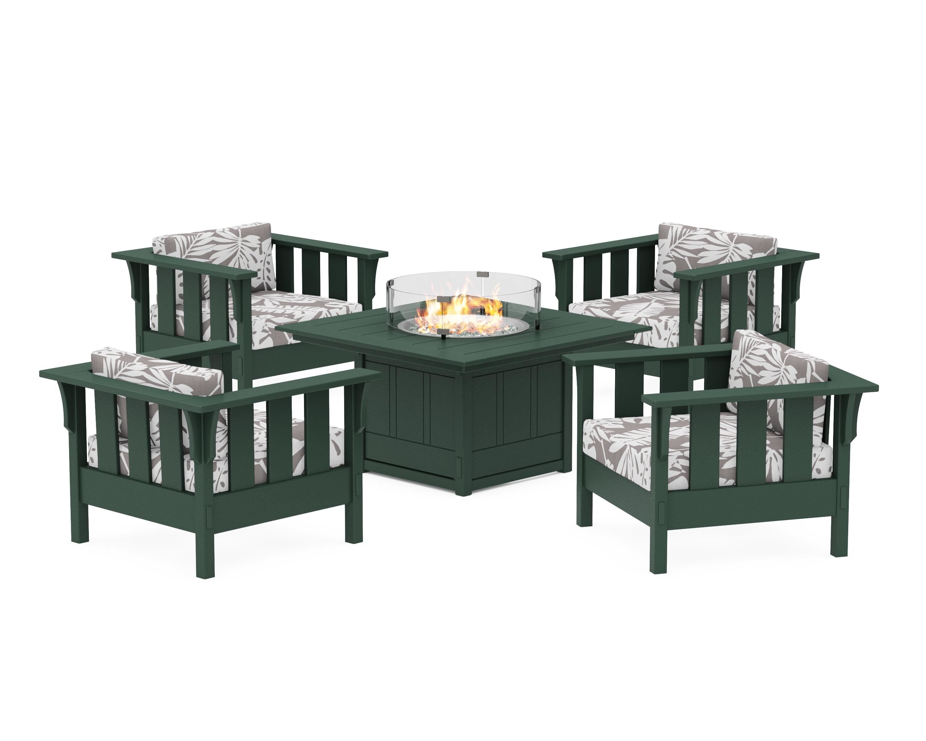 Martha Stewart by POLYWOOD® Acadia 5-Piece Deep Seating Set with Fire Pit Table in Green / Leaf Grey Mist