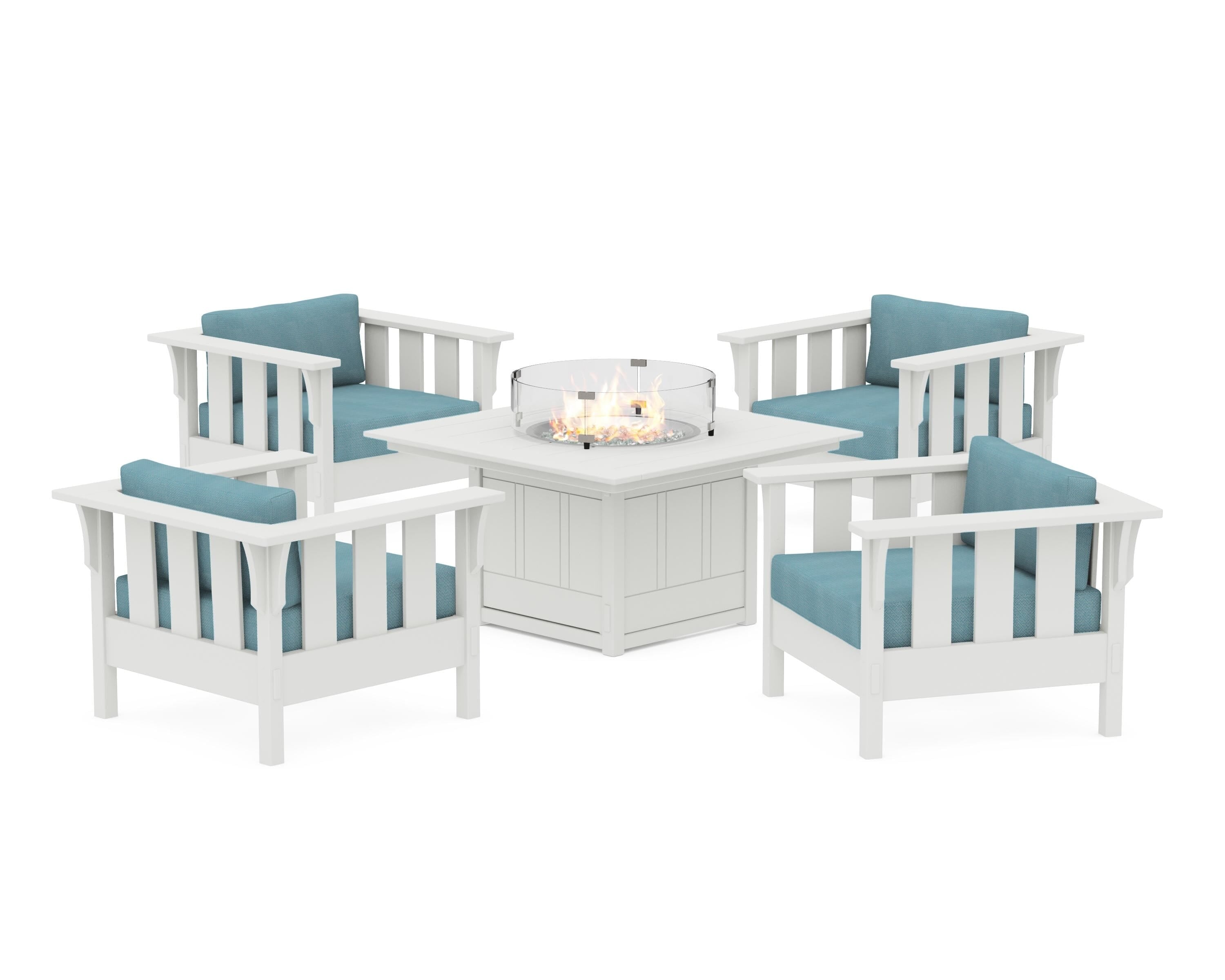 Martha Stewart by POLYWOOD® Acadia 5-Piece Deep Seating Set with Fire Pit Table in White / Lattice Sky Blue