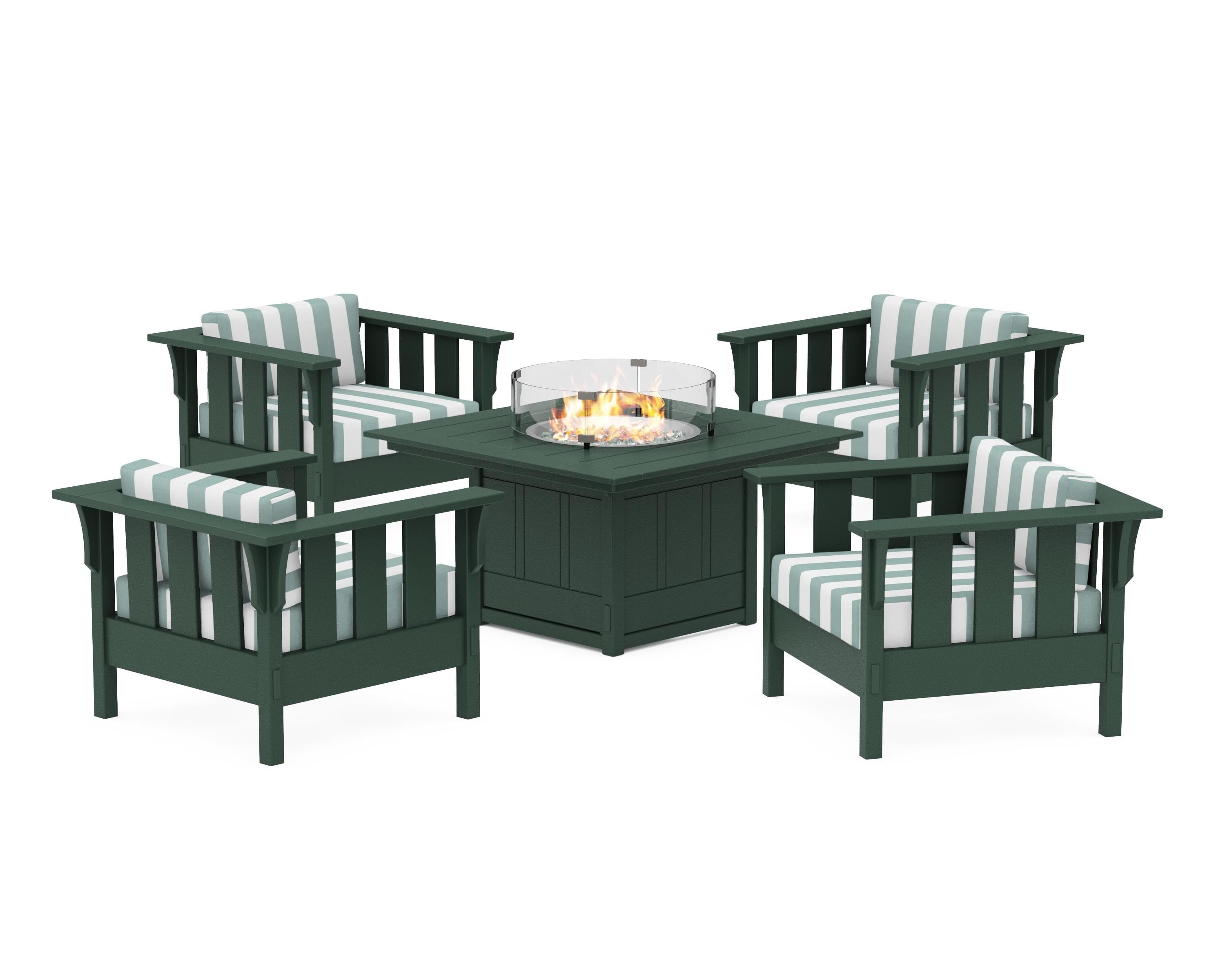 Martha Stewart by POLYWOOD® Acadia 5-Piece Deep Seating Set with Fire Pit Table in Green / Cabana Stripe Glacier Spa