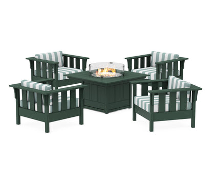 Martha Stewart by POLYWOOD® Acadia 5-Piece Deep Seating Set with Fire Pit Table in Green / Cabana Stripe Glacier Spa