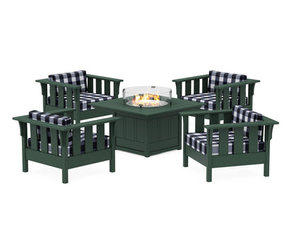 Martha Stewart by POLYWOOD® Acadia 5-Piece Deep Seating Set with Fire Pit Table in Green / Buffalo Plaid Marine Indigo