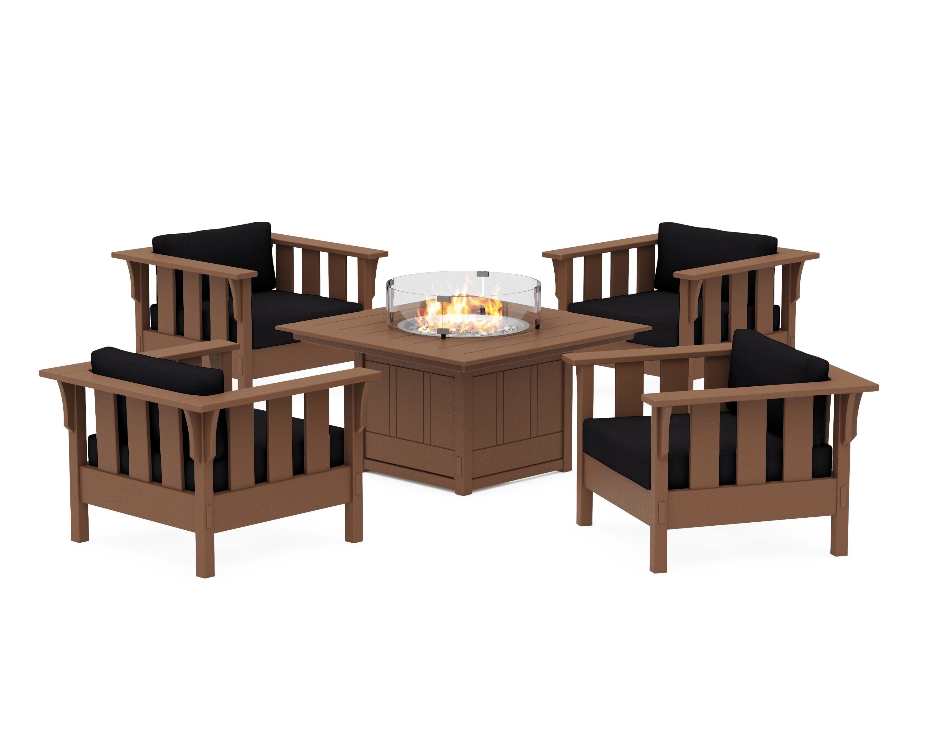 Martha Stewart by POLYWOOD® Acadia 5-Piece Deep Seating Set with Fire Pit Table in Teak / Midnight Linen