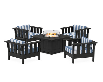 Martha Stewart by POLYWOOD® Acadia 5-Piece Deep Seating Set with Fire Pit Table in Black / Cabana Stripe Sky Blue