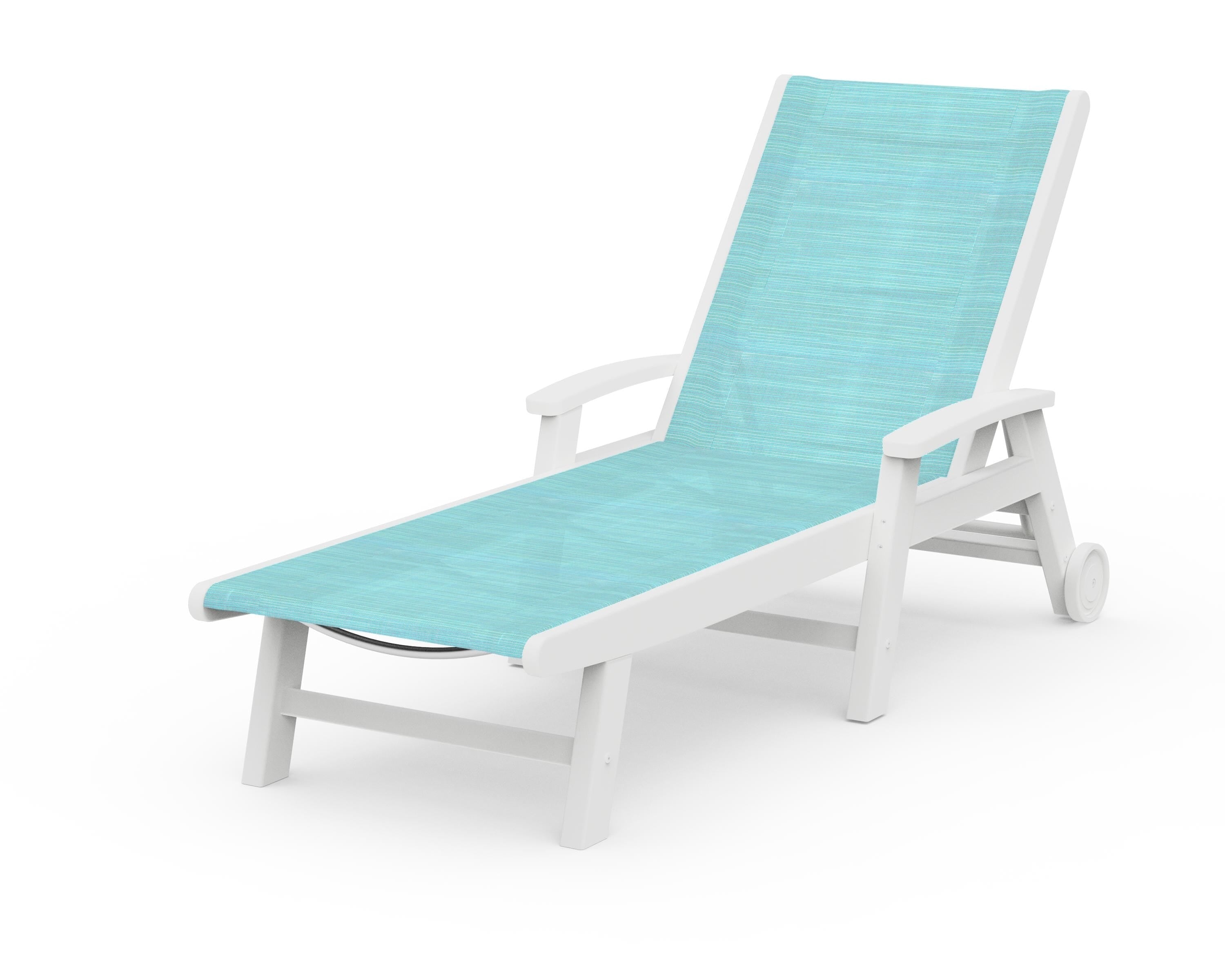 POLYWOOD® Coastal Chaise with Wheels in White / Dupioni Aquamarine Sling