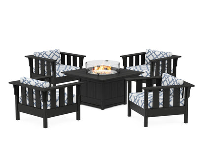 Martha Stewart by POLYWOOD® Acadia 5-Piece Deep Seating Set with Fire Pit Table in Black / Trellis Sky Blue