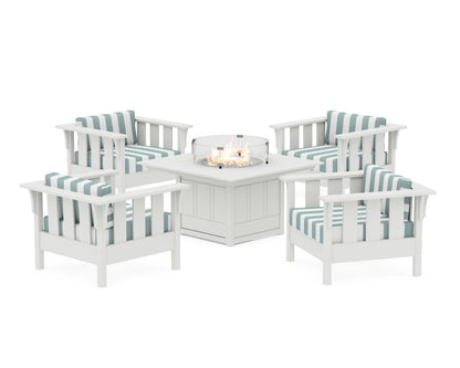 Martha Stewart by POLYWOOD® Acadia 5-Piece Deep Seating Set with Fire Pit Table in White / Cabana Stripe Glacier Spa
