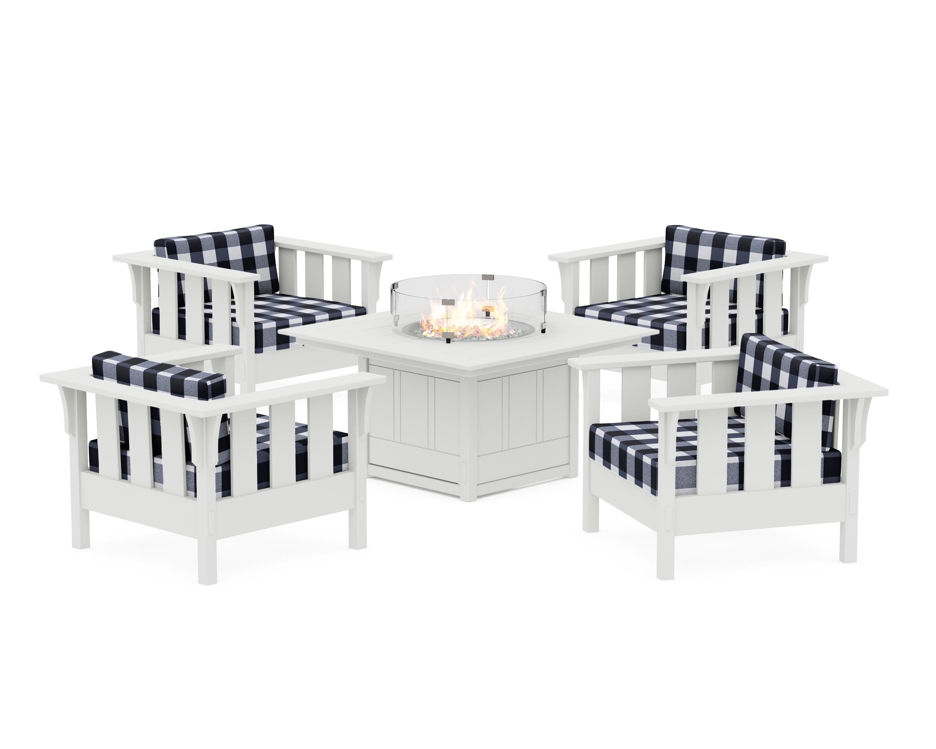 Martha Stewart by POLYWOOD® Acadia 5-Piece Deep Seating Set with Fire Pit Table in White / Buffalo Plaid Marine Indigo