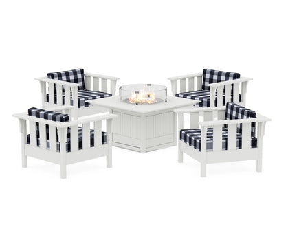 Martha Stewart by POLYWOOD® Acadia 5-Piece Deep Seating Set with Fire Pit Table in White / Buffalo Plaid Marine Indigo