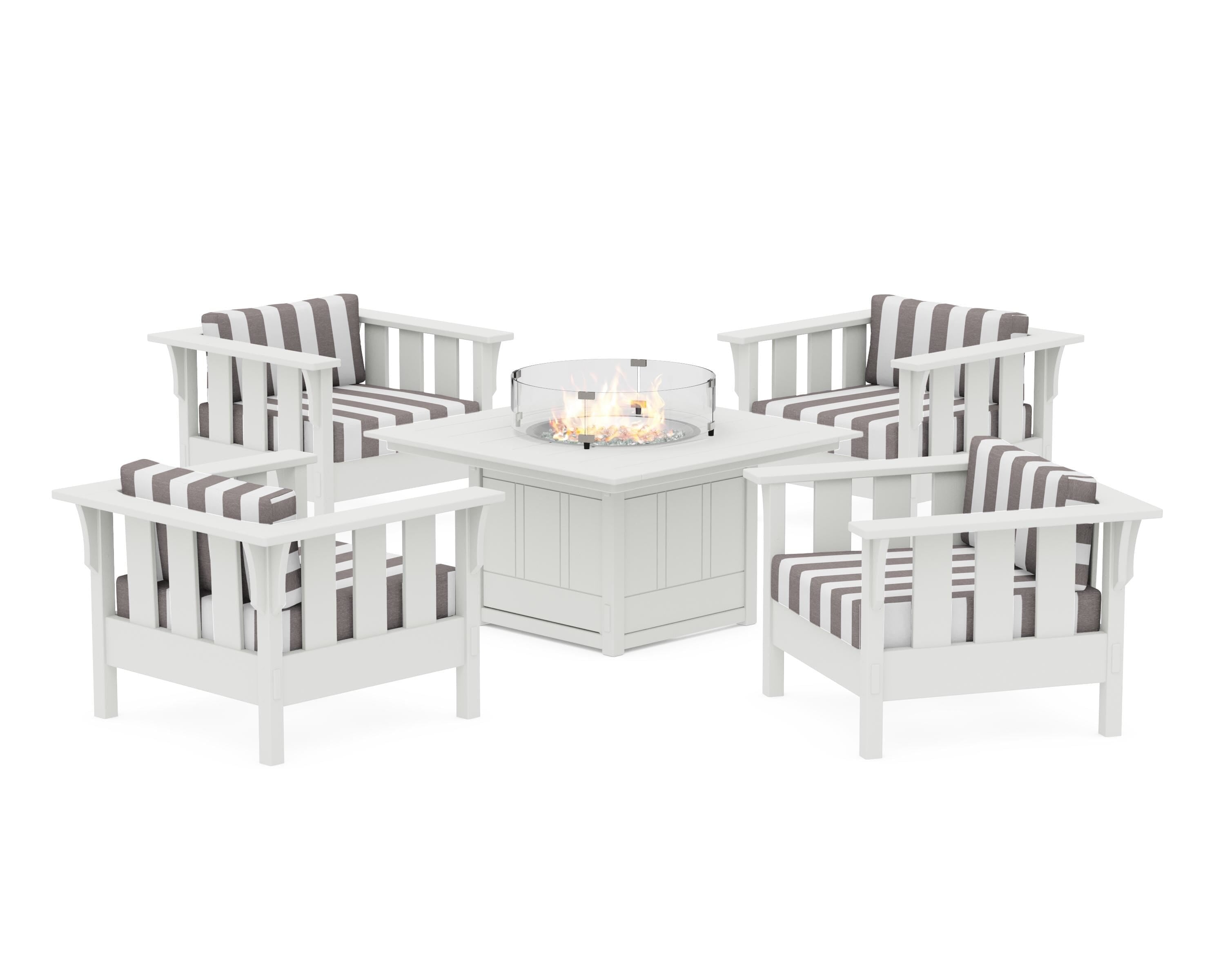 Martha Stewart by POLYWOOD® Acadia 5-Piece Deep Seating Set with Fire Pit Table in White / Cabana Stripe Grey Mist