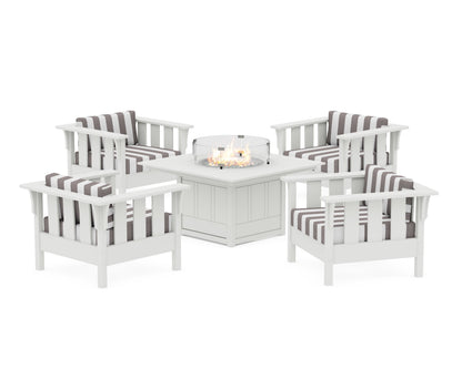 Martha Stewart by POLYWOOD® Acadia 5-Piece Deep Seating Set with Fire Pit Table in White / Cabana Stripe Grey Mist